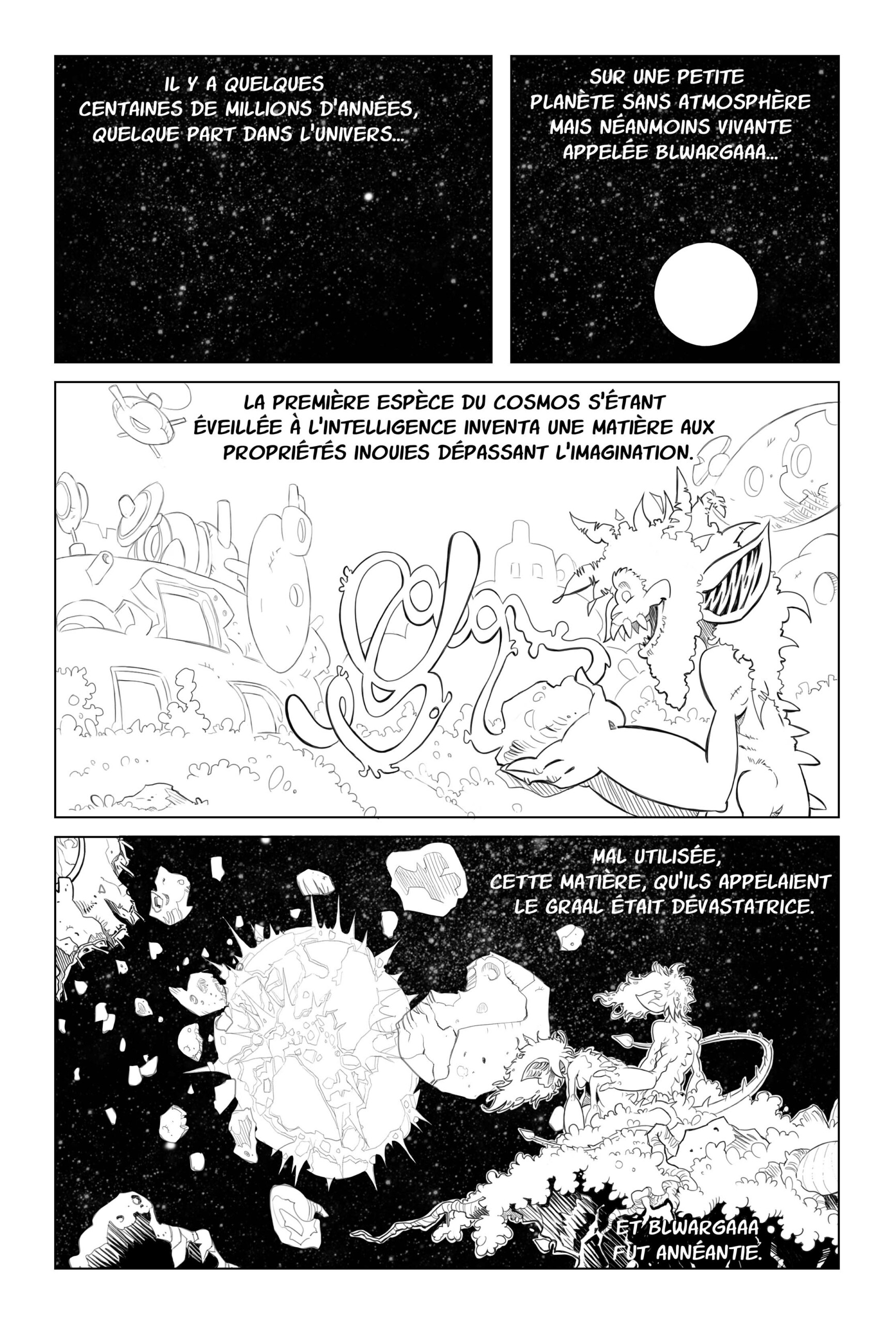Planche d'introduction de Courgette Party. Le récit débute il y a plusieurs centaines de millions d'années sur la planète Blwargaa. Une civilisation avancée découvre une mystérieuse matière appelée le Graal, capable de prouesses inimaginables. Mais son utilisation incontrôlée provoque une catastrophe cosmique qui anéantit la planète entière.
