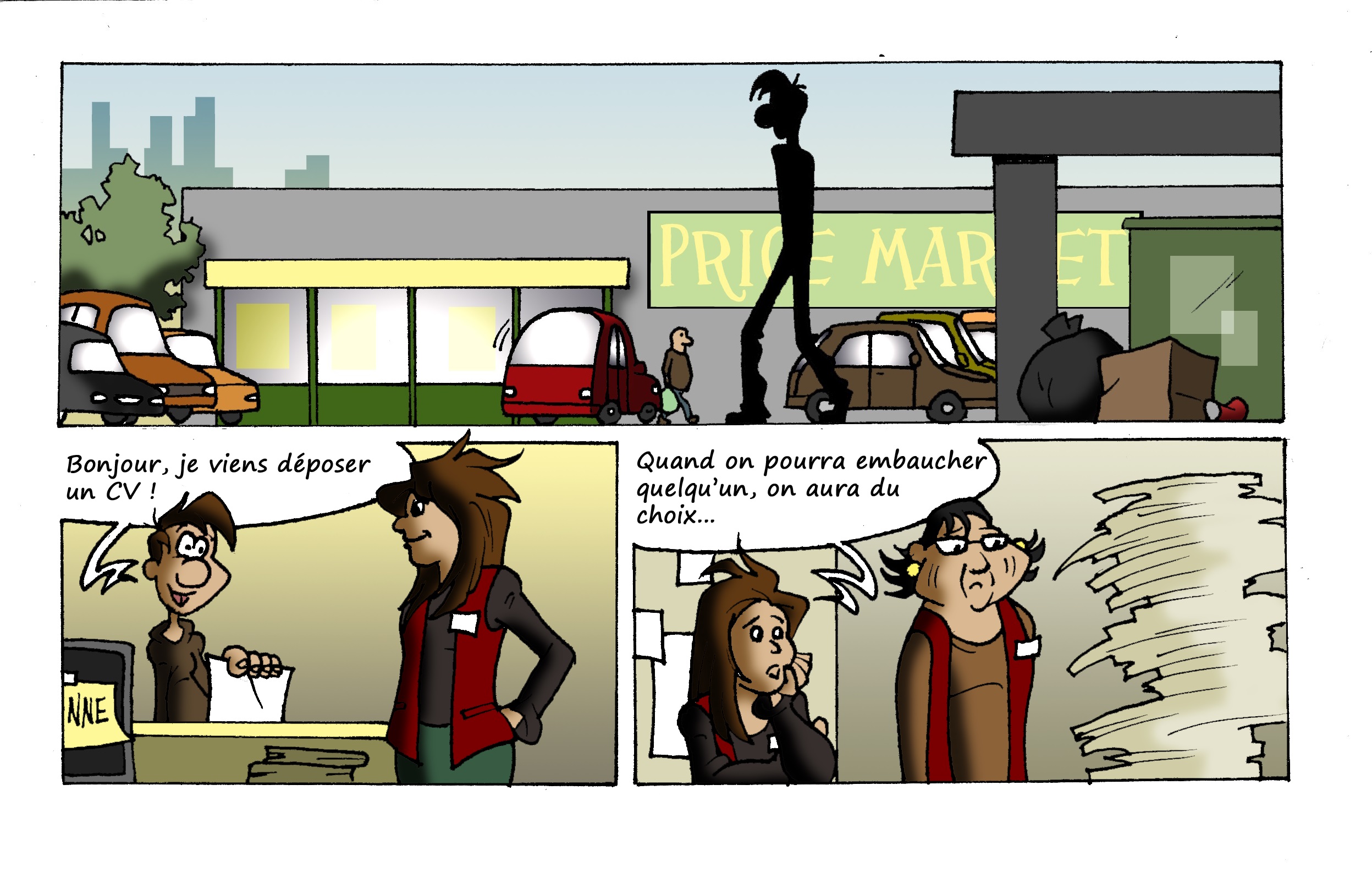 Un jeune homme arrive devant un supermarché et tend son CV à une employée. À l’intérieur, deux salariées commentent la situation devant une pile de papiers déjà conséquente.