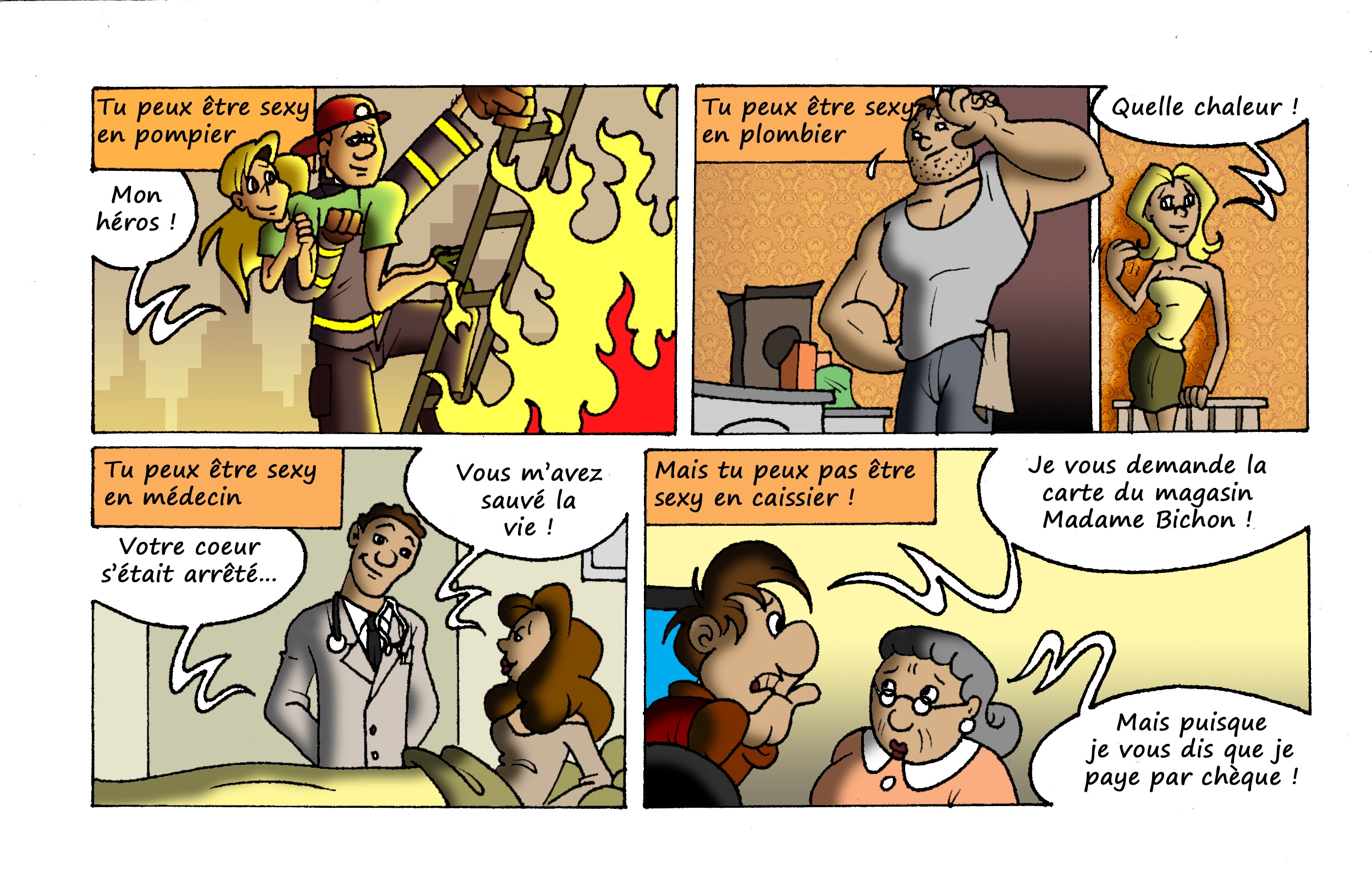 Planche de bande dessinée montrant différents clichés de métiers perçus comme sexy (pompier, médecin, plombier), avant de conclure avec un jeune caissier face à une cliente désagréable qui refuse de montrer sa carte du magasin.