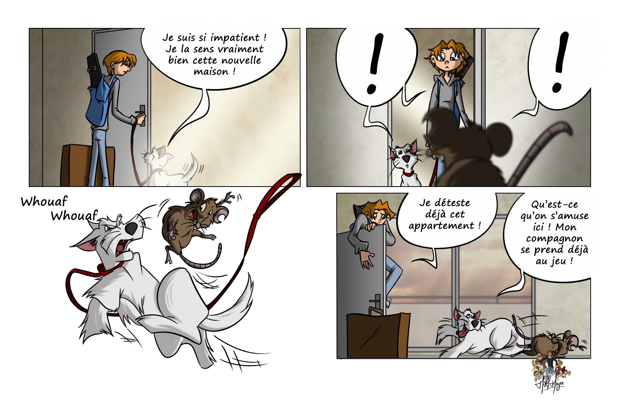 Chris ouvre la porte de son nouvel appartement avec optimisme, suivi d’Héraclès. Ils tombent nez à nez avec un énorme rat, provoquant un chaos immédiat : cris, aboiements et chute. Chris, paniqué, grimpe sur la porte, tandis qu’Héraclès poursuit joyeusement l’intrus, amusé par cette première animation dans leur nouveau chez-eux.