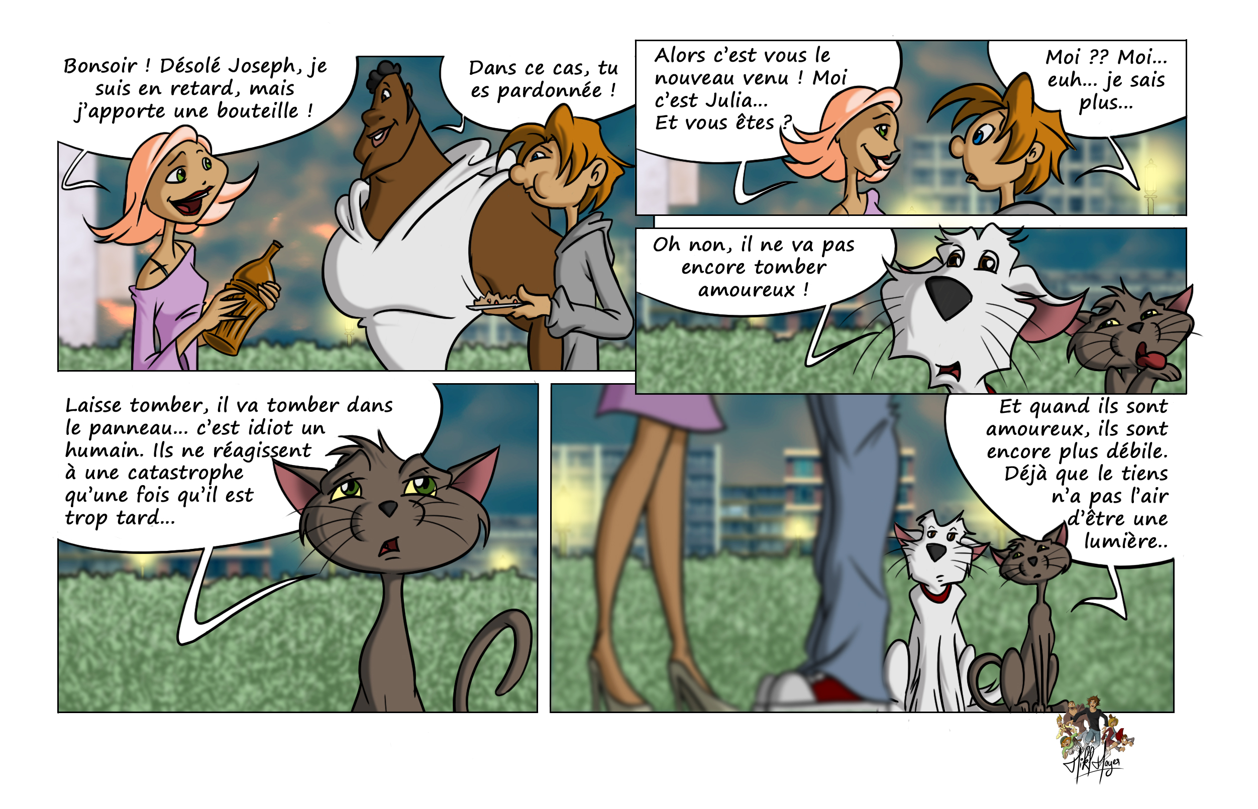 Planche de BD « Animaux et compagnie » épisode 12 : Au cours d’un barbecue entre voisins, Julia arrive en retard mais charme immédiatement le maître de Figaro. Gêné, il perd ses moyens. Pendant ce temps, les animaux observent la scène avec ironie. Figaro prédit que l’humain va encore tomber amoureux et que ça finira mal. La planche se termine par un commentaire sarcastique sur l’intelligence humaine, surtout en amour.