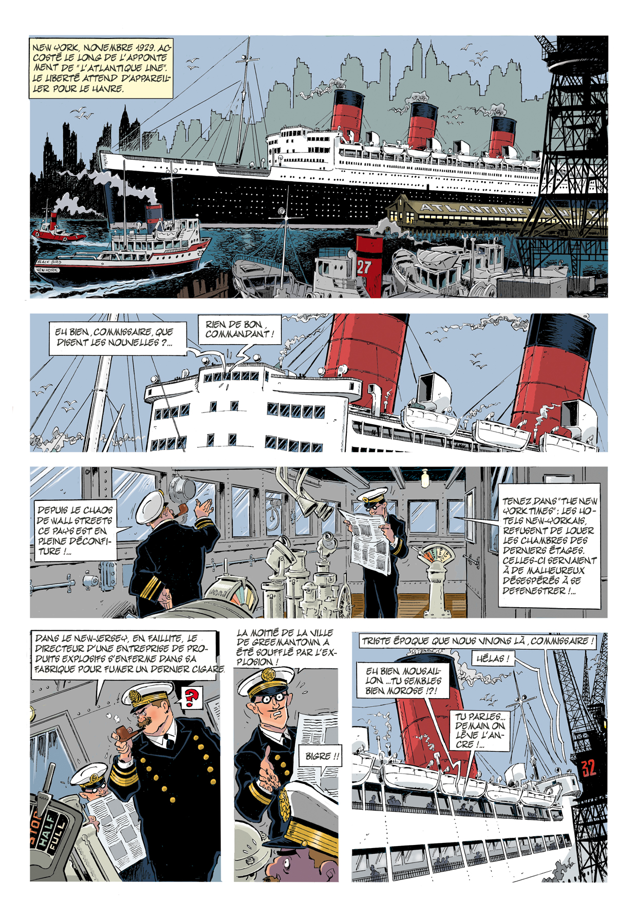 Première page de la BD Le 7ème Tueur montrant le paquebot Liberté quittant le port de New York en novembre 1929, peu après le krach de Wall Street.
