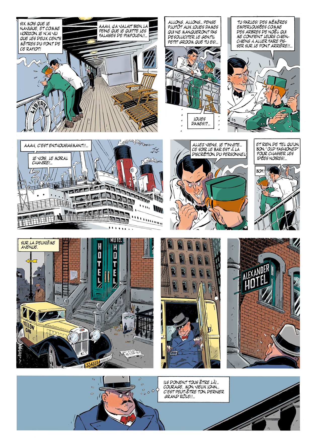Deuxième page de la BD Le 7ème Tueur montrant un jeune marin découvrant la vie à bord du paquebot Liberté tandis qu'un homme mystérieux arrive devant un hôtel à New York.