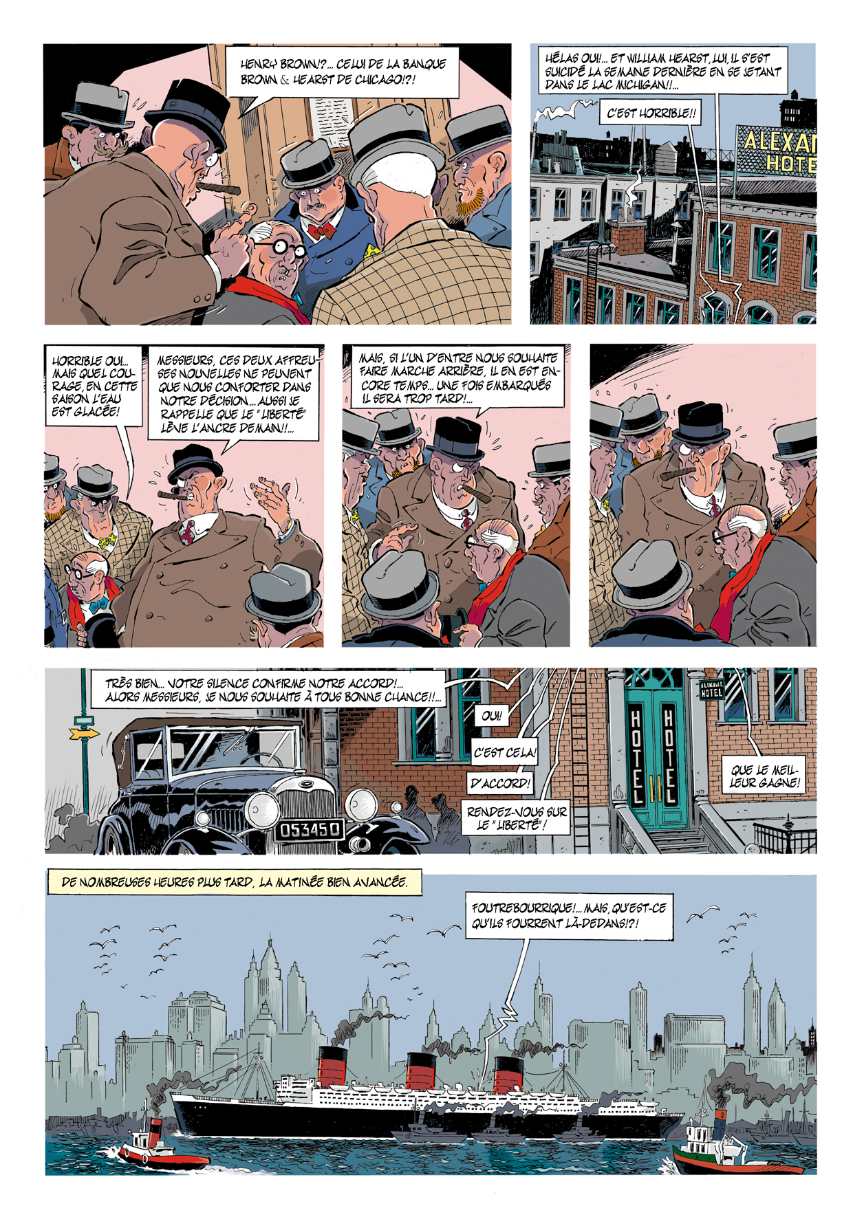 Quatrième page de la BD Le 7ème Tueur montrant une réunion secrète à New York avant l'embarquement sur le paquebot Liberté, prêt à quitter le port.