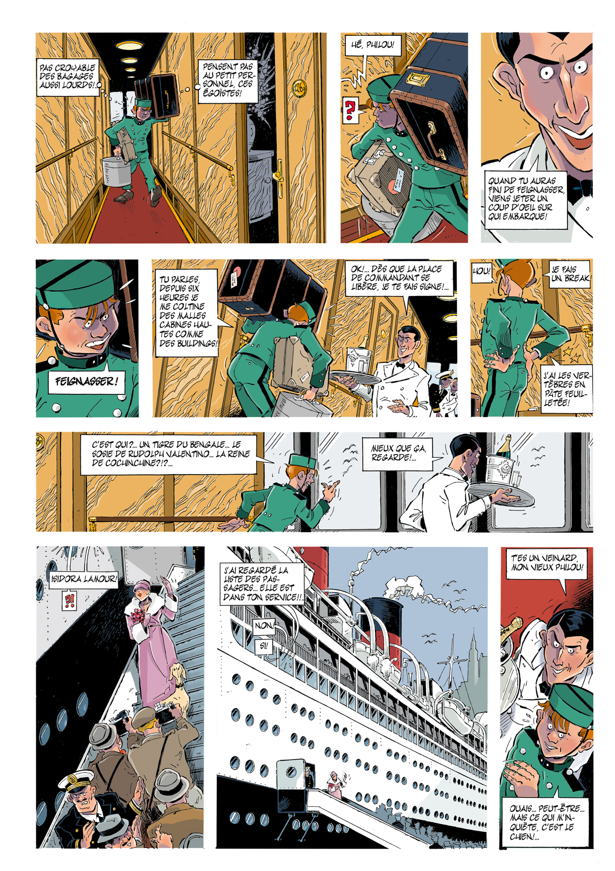 Cinquième page de la BD Le 7ème Tueur montrant le groom Philou transportant les bagages des passagers à bord du paquebot Liberté lors de l'embarquement, sous le regard du personnel et des voyageurs.