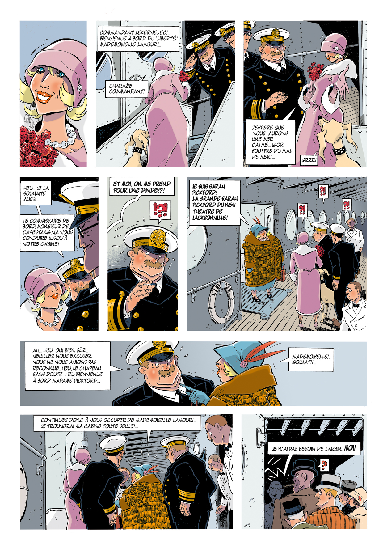 Sixième page de la BD Le 7ème Tueur montrant l'arrivée de deux célèbres actrices à bord du paquebot Liberté, sous le regard du commandant et des membres de l'équipage.