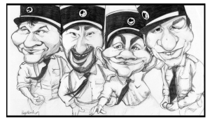 Les caricatures des membres fondateurs de Mogambo : Stef Chambo, André Sanchez, Eric Peral et Bernard Valesco