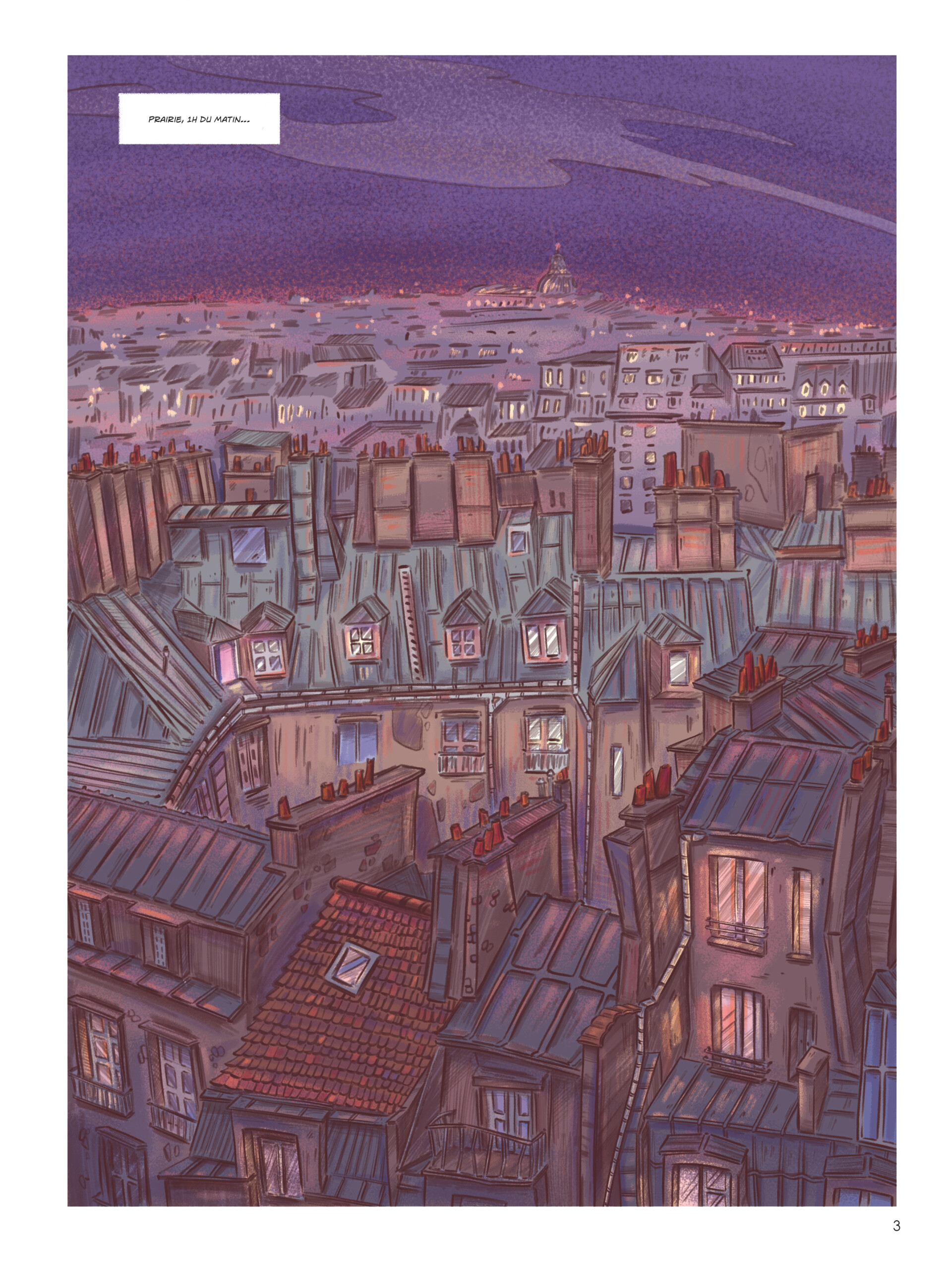 Vue panoramique sur les toits de Paris en pleine nuit, à une heure du matin, avec les lumières de la ville à l’horizon.