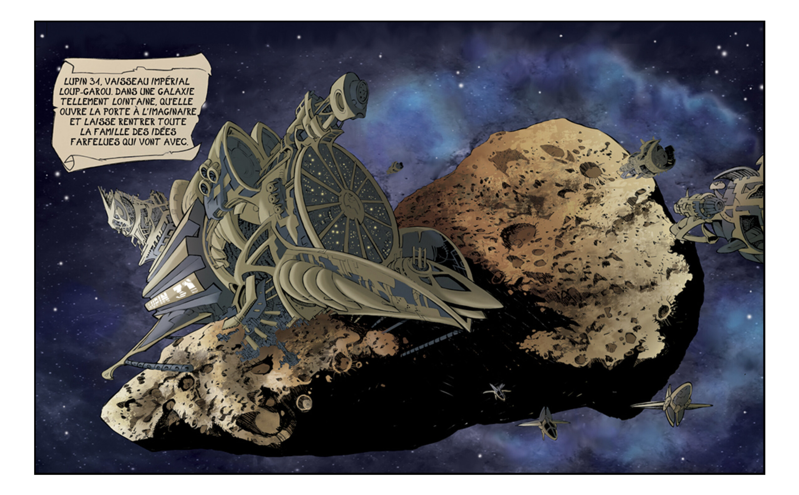 Blwarg débute dans une galaxie lointaine avec le vaisseau impérial loup-garou Lupin 34 traversant l’espace au-dessus d’un immense astéroïde, dans un univers de science-fiction aux confins de l’imaginaire.