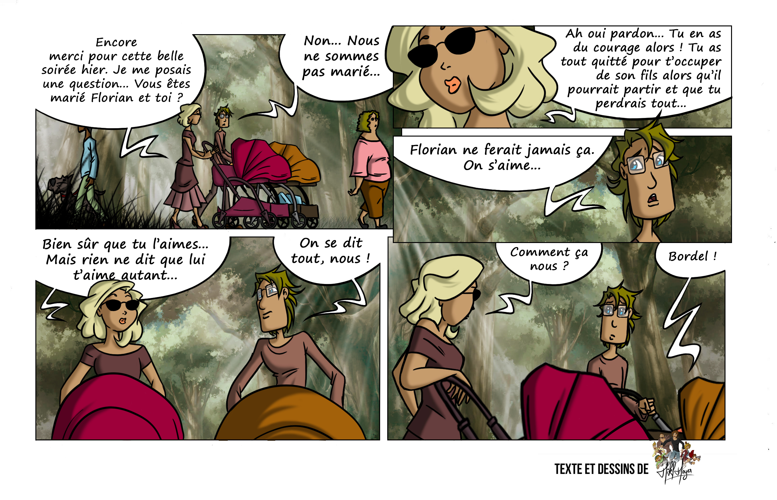 Planche de la BD “Mes papas & moi” : lors d’une balade en poussette, un personnage blond discute avec une autre mère et commence à douter de son couple avec Florian, à la suite de remarques piquantes sur leur relation et son engagement.