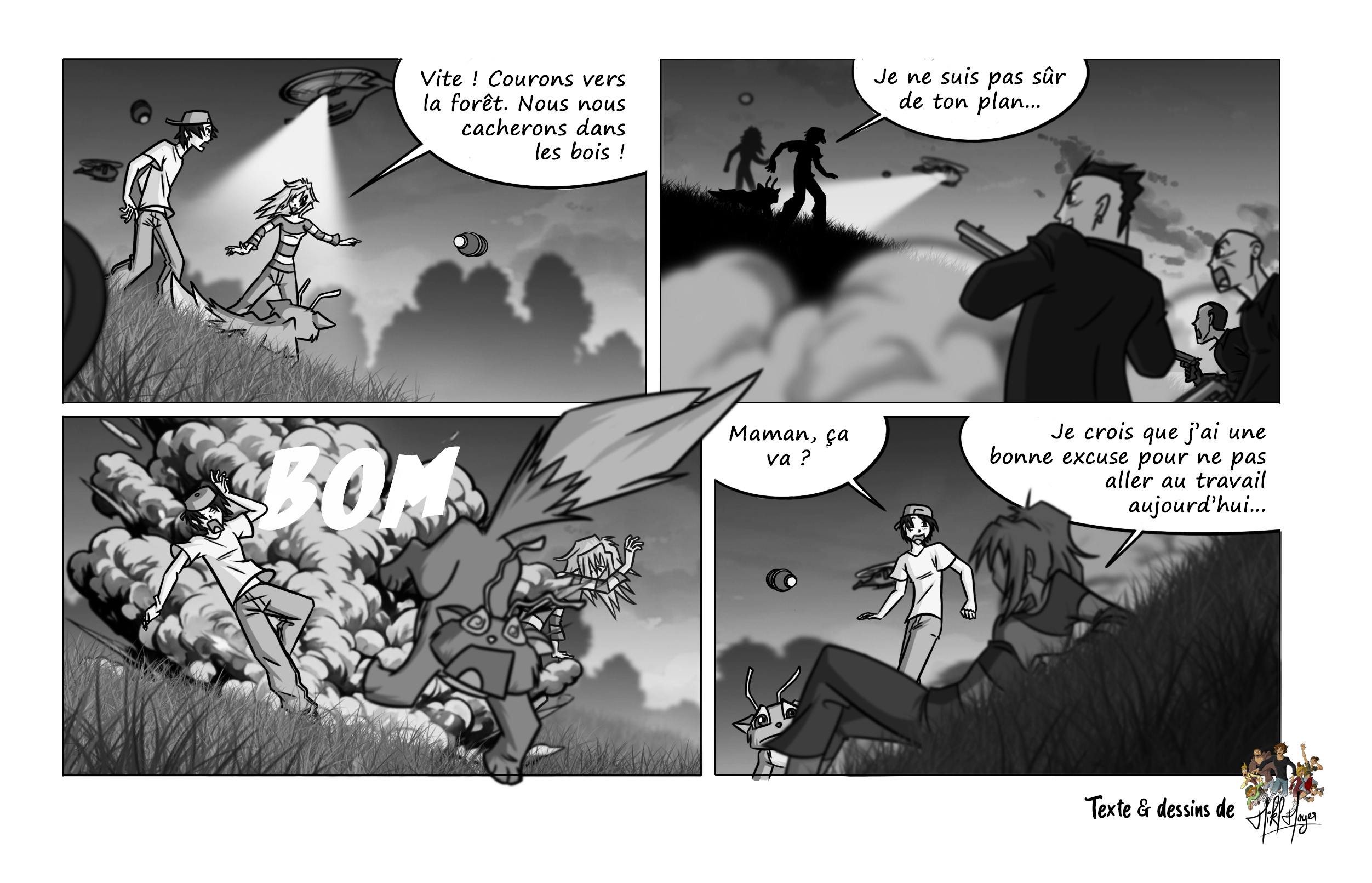 Planche en noir et blanc de la BD Toyo montrant Toyo et sa mère fuyant une attaque soudaine dans un décor de science-fiction, poursuivis sous tension entre explosions et chaos.