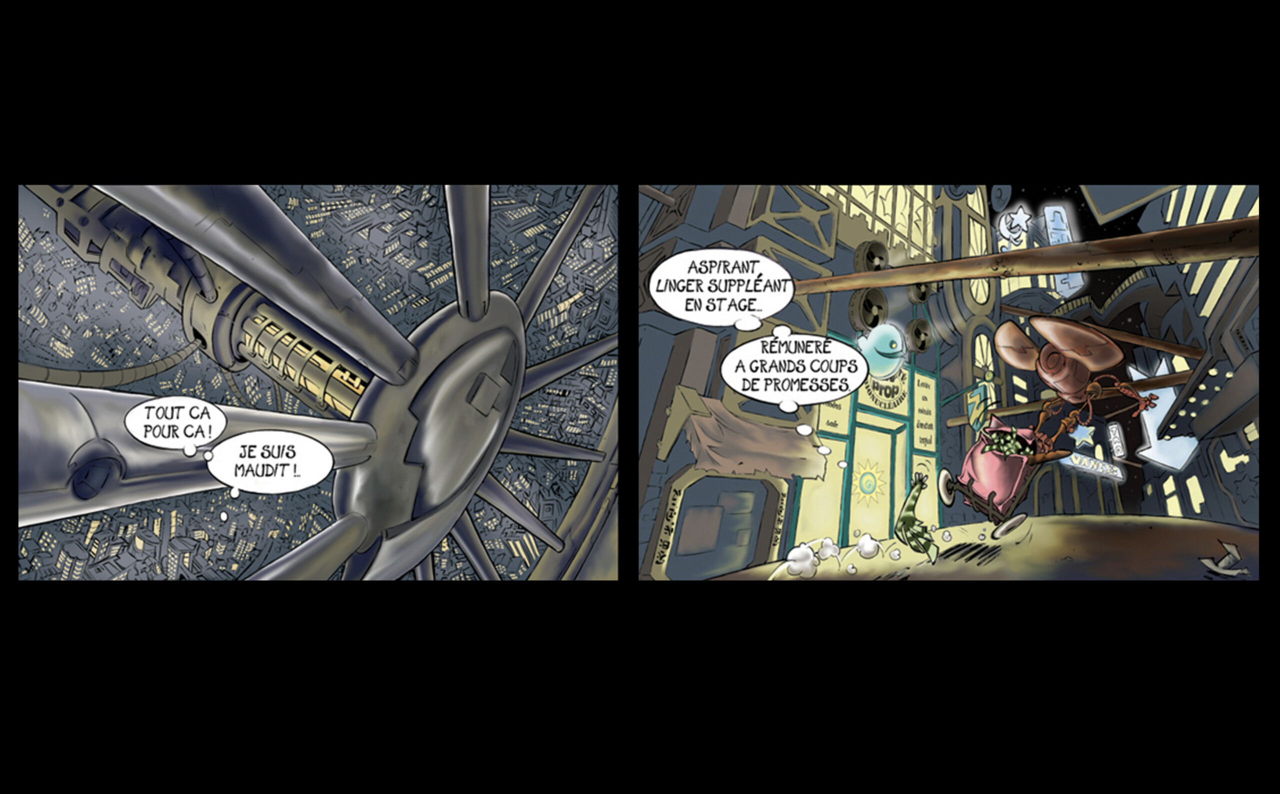 Dans une mégalopole futuriste vertigineuse, Blwarg plonge dans un univers urbain décalé où un personnage désabusé chute vers une cité tentaculaire avant une rencontre absurde dans les rues animées.