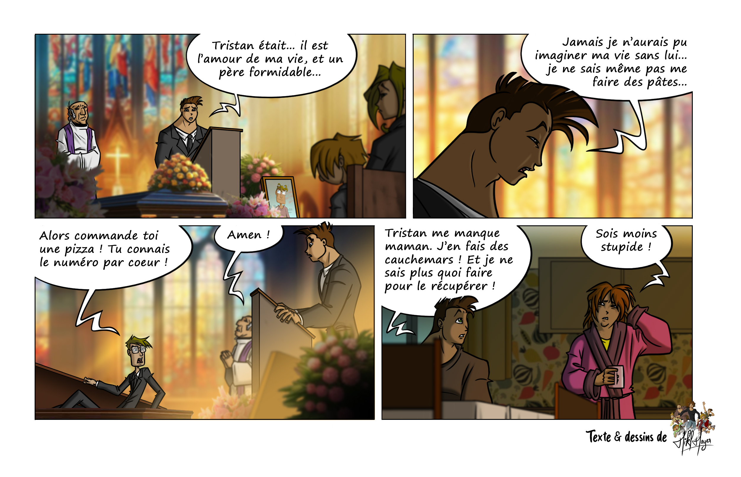 Intérieur d’église colorée : Florian, en costume, parle à la tribune devant un autel fleuri et la photo de Tristan ; Sam et Zack sont assis, un homme raille la scène (‘commande une pizza’). Transition à la cuisine : Florian confie à sa mère que Tristan lui manque et qu’il fait des cauchemars ; elle répond, blasée : ‘sois moins stupide’.