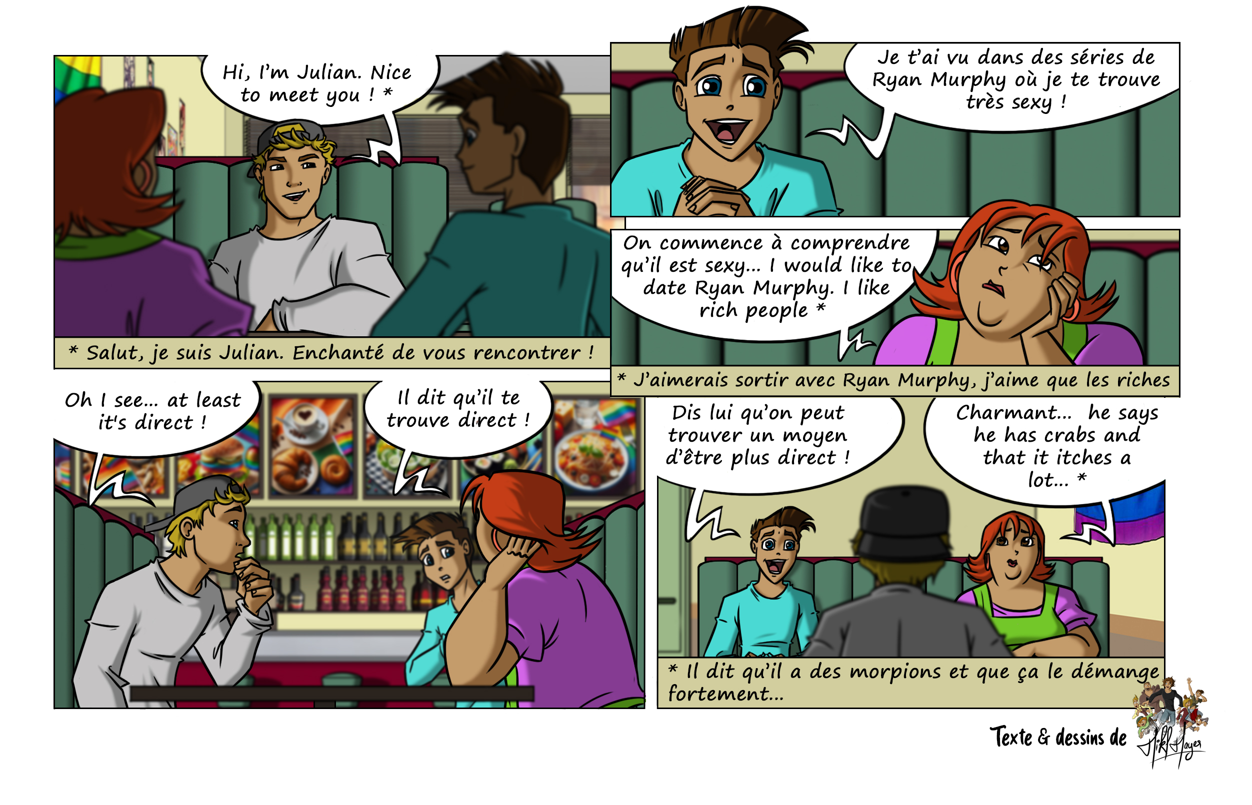 Planche de bande dessinée de Le monde selon Loïc montrant Loïc face à Julian Larach dans un bar, où des phrases en anglais mal traduites provoquent des quiproquos et des situations humoristiques liées à la langue et aux malentendus.