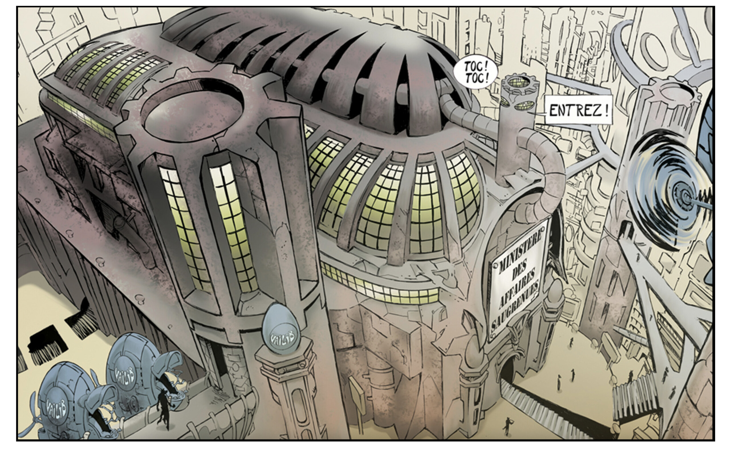 Blwarg découvre un immense ministère futuriste dédié aux affaires saugrenues, une institution absurde et monumentale où bureaucratie décalée, architecture oppressante et satire sociale dominent.