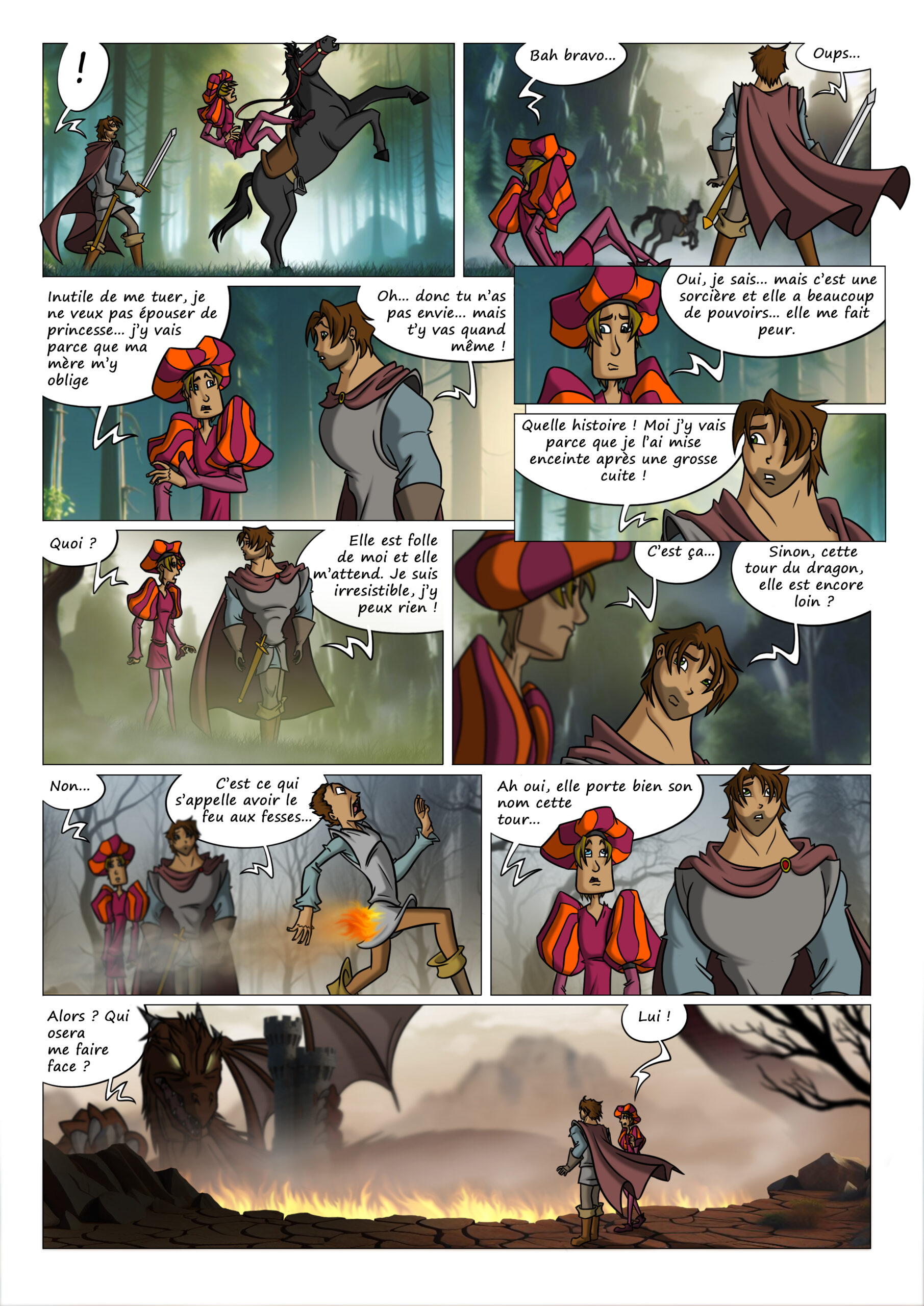 Deux princes discutent dans une forêt enchantée, contraints de sauver une princesse qu’aucun ne souhaite épouser. Entre révélations absurdes, malentendus et tour en flammes, ils se retrouvent face à un dragon menaçant. Humour, clichés détournés et aventure au rendez-vous.